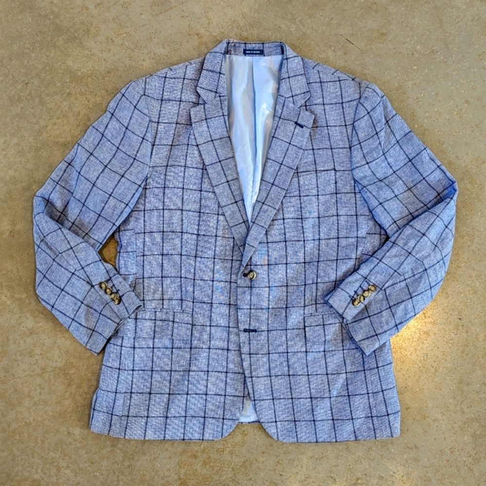 Stafford Navy Blue on Blue Windowpane Plaid Blazer